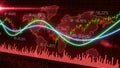 Motion of red green candlestick graph volume MACD graph chart of stock market trading with 3D rendering corona virus