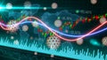 Motion of red green candlestick graph volume MACD graph chart of stock market trading with 3D rendering corona virus