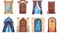 Motion sequence animation of wooden doorways that are slightly ajar and open, with glass windows, curtains, and darkness