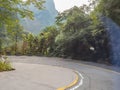 Motion of Sharp curve view on the bus on tongtian road moving from tianmen mountain heaven gate cave on tianmen mountain national Royalty Free Stock Photo