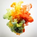 motion of the smoke in water, colorful ink abstraction, red green yellow swiring in, white background, Royalty Free Stock Photo