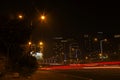 Motion speed light of Kolkata city. Light trails of city traffic at night on famous hotel buildings of Kolkata, India