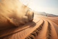 Motion the wheels tires off road dust cloud in desert, sports