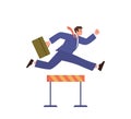 Motivated business man character rushing jumping over hurdle, overcoming obstacles isolated on white