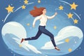 Motivated businesswoman running on stars strive for new career achievements. Happy confident woman employee jump to goal and Royalty Free Stock Photo