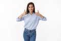 Motivated good-looking assertive european brunette woman, show thumbs-up positive reply, like excellent choice, approve