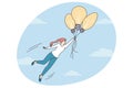 Motivated woman flying in sky on lightbulbs