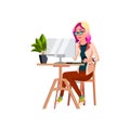 motivated young lady checking e-mails on personal computer at work cartoon vector