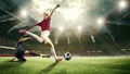 Motivated young women, football, soccer players during match, game, hitting ball, scoring winning goal. 3d arena, sports Royalty Free Stock Photo