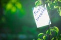 Motivating phrase just breathe. On a green background on a branch is a white paper with a motivating phrase. Royalty Free Stock Photo