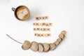 Motivating slogan Make Friday green again. Wooden letters. Top view. Coffee and eucalyptus
