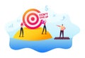 Motivation, Challenge. People Trying to Achieve Distant Goal. Characters Floating on Raft, Throw Darts into Remote Aim