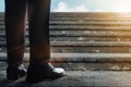 Motivation and Challenging in Career. Successful Concept. Low Section of Businessman Standup on Staircase. Get Ready to Moving Royalty Free Stock Photo