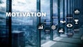 Motivation concept with business elements. Business team. Financial concept on blurred background. Mixed media. Royalty Free Stock Photo