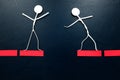 Motivation and courage concept. Human stick figures crossing a broken red bridge. Royalty Free Stock Photo