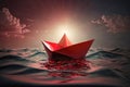 Motivation, determination and courage concept with lonely paper ship on the high seas. Created with Generative AI technology