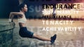 Motivation, fitness and words while woman exercise, workout or training outdoors in a city or town. Athlete, sport or Royalty Free Stock Photo