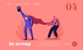 Motivation Landing Page Template. Male Character in Super Hero Costume Raising Heavy Bob Overcome Obstacles. New Heights