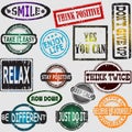 Motivation and positive thinking messages rubber stamps set Royalty Free Stock Photo