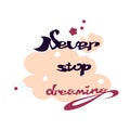 Motivation qoute .Never stop dreaming.Handdrawn lettering of a phrase.Calligraphy text.