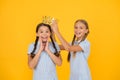 Motivation to be the best. small egoist girls imagine they are princess. success reward. happy childhood frienship Royalty Free Stock Photo