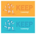 Motivational banners with man and woman running linear silhouettes