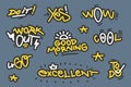 Motivational challenge sticker collection. Doodle line typography badge set