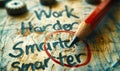 Motivational concept with Work Harder phrase crossed out and Work Smarter circled in red by a pencil on textured paper