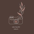 Motivational greeting card, continuous line. Camera and leaves, photographer logo template