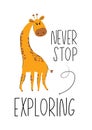 Motivational handdrawn poster with giraffe for kids room with quote.