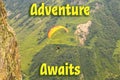 Motivational inspirational Poster - Adventure Awaits with paragliders in Georgia Royalty Free Stock Photo