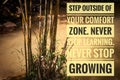 Motivational and Inspirational quote about comfort zone. With Bamboo and water background. Royalty Free Stock Photo