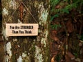 Motivational and inspirational quotes on wooden block - You are stronger than you think. With tree and nature background