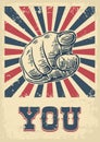 Motivational poster with hand pointing at you or the viewer listen text. Finger at viewer, from front. Vector black vintage engra