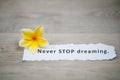 Motivational quote - Never STOP dreaming. Positive note message on a white notepaper with yellow Bali plumeria flower.