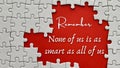 Motivational quote on red cover - None of us is as smart as all of us. Missing puzzle background. Royalty Free Stock Photo