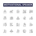 Motivational speaker line vector icons and signs. Encourager, Inspirer, Catalyst, Advocate, Evangelist, Pundit, Guru