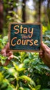 Motivational Stay The Course sign held up with two hands, promoting persistence and dedication, set against a lush green