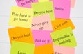 Motivational words on colorful stickers on white background. A vision Board. Cards with words. Affirmation, development, training