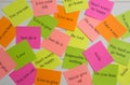 Motivational words on colorful stickers on white background. A vision Board. Cards with words. Affirmation, development, training