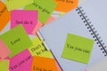 Motivational words on colorful stickers on white background. A vision Board. Copy space. Cards with words. Affirmation,