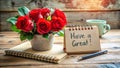 A Motivational Workspace Oasis Roses a Notebook and a Positive Daily Affirmation Royalty Free Stock Photo