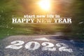 2022 trail road. Motivational writing 2022 on asphalt as a metaphor for moving forward and happy new year