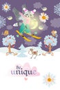 Motivator `Be unique!` Beautiful card with a funny winged raccoon skiing in the night sky among the clouds over the winter forest