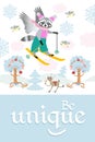 Motivator `Be unique!` with cute winged racoon skiing in the sky among clouds and little birds over the winter forest Royalty Free Stock Photo