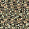 Motley African style vector seamless pattern. Bright multi-colored geometric shapes and dots on khaki green background. Festive