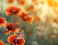 Motley bright butterflies painted lady on bright colorful daisies on a summer meadow. Moods of summer. Artistic tender photo.