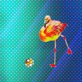 Motley flamingo flapping his foot on the ball, contemporary art collage