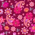 Motley seamless floral pattern with roses, clematis flowers, leaves, paisley and mandala on dark purple background. Vintage style