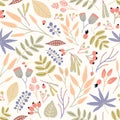 Motley seamless pattern with berries, leaves and inflorescences on white background. Decorative botanical backdrop